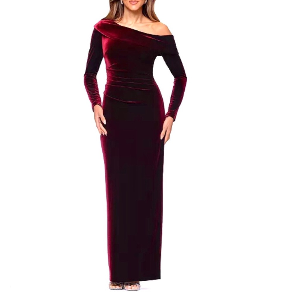 Xscape Asymmetrical Red Velvet Off Shoulder Long Sleeve Cocktail Gown Size 16
